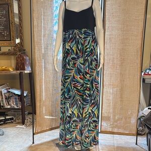 Nicole Miller Black Tank Top Maxi Dress with Multicolor Leaf Print Skirt